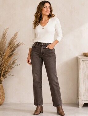 DG2 By Diane Gilman Jeans Womens 10P Brown High Rise Straight Stone Wash Denim